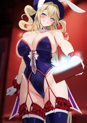 Rule 34 | 1girl, absurdres, animal ears, ascot, azur lane, blonde hair, blue eyes, blue hat, blue leotard, blue thighhighs, blurry, blurry background, blush, bow, box, breasts, chela77, cleavage, clothing cutout, coattails, commentary, covered navel, cowboy shot, crotch seam, drill hair, english commentary, facial tattoo, fake animal ears, frilled leotard, frilled thighhighs, frills, garter straps, gloves, glowing, guam (azur lane), guam (stage-setting charmer) (azur lane), hair between eyes, hair intakes, hat, heart, heart tattoo, highleg, highleg leotard, highres, holding, holding box, large breasts, leotard, long hair, looking at viewer, multicolored eyes, navel cutout, official alternate costume, official art, parted lips, playboy bunny, purple eyes, rabbit ears, scrunchie, second-party source, smile, solo, standing, star-shaped pupils, star (symbol), strapless, strapless leotard, symbol-shaped pupils, tattoo, thighhighs, top hat, twin drills, two side up, undersized breast cup, very long hair, white ascot, white bow, white gloves, wrist scrunchie
