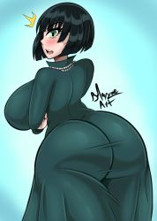 Rule 34 | 1girl, ass, blush, bmayyne, breasts, clothes, collar, dress, fubuki (one-punch man), green dress, green eyes, green hair, highres, huge breasts, looking back, one-punch man, open mouth, solo, surprised