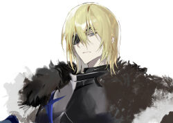 1boy 9boksen armor black_armor black_fur blonde_hair breastplate closed_mouth commentary_request dimitri_alexandre_blaiddyd eyepatch fire_emblem fire_emblem:_three_houses frown hair_behind_ear hair_between_eyes highres looking_down male_focus medium_hair nintendo one_eye_covered simple_background solo upper_body white_background white_fur