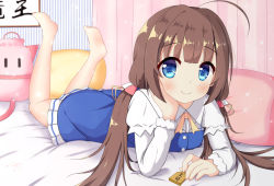 Rule 34 | 10s, 1girl, ahoge, arm support, barefoot, bed, blue dress, blue eyes, blush, board game, brown hair, closed mouth, commentary request, dress, feet, fingernails, highres, hinatsuru ai, layered sleeves, legs up, long hair, long sleeves, looking at viewer, low twintails, lying, on bed, on stomach, pillow, puffy short sleeves, puffy sleeves, ryuuou no oshigoto!, school uniform, shogi, short over long sleeves, short sleeves, sidelocks, smile, solo, sparkle, twintails, very long hair, xiaosamiao