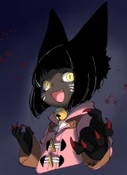 Rule 34 | 1girl, animal ears, bell, black hair, black skin, claw pose, claws, collar, colored skin, cropped torso, dark background, facial mark, fang, final fantasy, final fantasy xiv, furry, furry female, glowing, glowing eyes, highres, lalafell, looking at viewer, neck bell, open mouth, sakura chiyo (konachi000), short hair, solo, upper body, warrior of light (ff14), whisker markings, yellow eyes