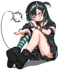 Rule 34 | 1girl, black dress, black footwear, black hair, blue hair, blue thighhighs, blush, commentary request, demon girl, demon horns, demon tail, dress, flat chest, full body, grey thighhighs, hair between eyes, highres, horns, looking at viewer, medium hair, megame (okbnkn), multicolored hair, nail polish, nanashi inc., official alternate costume, open mouth, pointy ears, red eyes, red nails, shishio chris, shishio chris (3rd costume), short sleeves, side ponytail, simple background, single thighhigh, sitting, smile, solo, striped clothes, striped thighhighs, sugar lyric, tail, thighhighs, two-tone hair, virtual youtuber, white background, wristband