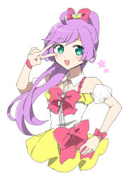 Rule 34 | 1girl, :d, ahoge, alternate hairstyle, aqua eyes, bare shoulders, blush, bow, commentary request, detached collar, detached sleeves, dress, hair bow, hand on own hip, hand up, high ponytail, highres, long hair, looking at viewer, manaka laala, multicolored clothes, multicolored dress, nojima minami, open mouth, pink bow, pretty series, pripara, puffy detached sleeves, puffy sleeves, purple hair, simple background, sleeveless, sleeveless dress, smile, solo, star (symbol), treble clef, v, v over eye, very long hair, waist bow, white background, white sleeves