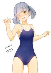 Rule 34 | 10s, 1girl, 2016, ;d, artist name, breasts, brown eyes, competition school swimsuit, dated, grey hair, hair ribbon, kantai collection, kitaminami, new school swimsuit, one-piece swimsuit, one eye closed, ooshio (kancolle), open mouth, ribbon, school swimsuit, short hair, signature, small breasts, smile, solo, swimsuit, twintails