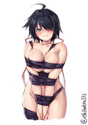 Rule 34 | 1girl, ahoge, bare shoulders, black hair, blue eyes, blush, bound, bound wrists, breasts, closed mouth, collarbone, commentary request, cropped legs, ebifurya, groin, hair between eyes, hair over one eye, highres, kako (kancolle), kantai collection, large breasts, looking at viewer, naked ribbon, navel, one-hour drawing challenge, parted bangs, ponytail, restrained, ribbon, short hair, simple background, solo, standing, twitter username, white background