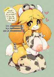 Rule 34 | 1girl, absurdres, animal crossing, animal print, barcode, blonde hair, blush stickers, breast slider, breasts, commentary, cow print, elbow gloves, english commentary, english text, flying sweatdrops, full body, furry, furry female, gloves, green background, green eyes, highres, isabelle (animal crossing), lactation, large breasts, long hair, looking at viewer, multicolored hair, nintendo, nipples, open mouth, orange hair, print gloves, print thighhighs, simple background, sitting, slugbox, solo, speech bubble, thighhighs, topless, two-tone hair, wariza, white gloves, white thighhighs
