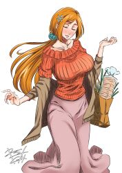 Rule 34 | 1girl, absurdres, asparagus, bag, bleach, bleach: sennen kessen-hen, bread, breasts, brown jacket, closed eyes, food, hair ornament, hair scrunchie, hairpin, hand up, highres, inoue orihime, jacket, large breasts, loaf of bread, long hair, long skirt, low ponytail, orange hair, parted lips, pink skirt, rakusakugk, red sweater, ribbed sweater, scrunchie, shopping bag, signature, skirt, smile, solo, sweater, white background