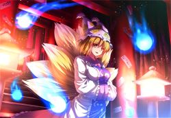 Rule 34 | 1girl, bamboo, blonde hair, breasts, female focus, fire, fireball, fox tail, hands in opposite sleeves, hat, hitodama, lantern, large breasts, multiple tails, ofuda, open mouth, ryosios, short hair, smile, solo, stairs, tail, torii, touhou, yakumo ran, yellow eyes