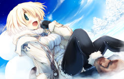 Rule 34 | 1girl, bag, black pantyhose, blonde hair, blue eyes, blue sky, blush, boots, breasts, brown footwear, cloud, cloudy sky, coat, day, female focus, green eyes, hand to own mouth, hand up, handbag, large breasts, looking at viewer, mittens, open mouth, original, pantyhose, ribbon, sakaki (noi-gren), short hair, sky, smile, snow, snowman, solo, sweater, winter, winter clothes