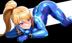 Rule 34 | 1girl, all fours, ass, blonde hair, blue bodysuit, blue eyes, blush, bodysuit, breasts, closed mouth, hair between eyes, highres, large breasts, long hair, looking at viewer, metroid, metroid: zero mission, nintendo, ponytail, samus aran, sidelocks, solo, thighs, top-down bottom-up, volyz, zero suit