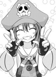 Rule 34 | 1girl, ^ ^, blush, closed eyes, double v, fang, fingerless gloves, gloves, greyscale, grin, guilty gear, long hair, may (guilty gear), monochrome, poncocchan, screentones, smile, solo, v