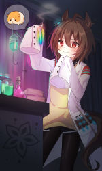 Rule 34 | 1girl, absurdres, agnes tachyon (umamusume), ahoge, animal ears, arm up, black pantyhose, black shirt, blush, brown hair, closed mouth, collared shirt, etesumsom, hair between eyes, hand up, highres, horse ears, horse girl, horse tail, indoors, lab coat, molcar, open clothes, pantyhose, pui pui molcar, rainbow gradient, red eyes, shirt, sleeves past wrists, smile, smoke, solo, spoken character, sweater vest, tail, test tube, umamusume