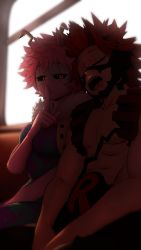 Rule 34 | 1boy, 1girl, abs, ashido mina, backlighting, bare shoulders, black sclera, boku no hero academia, breasts, closed eyes, collarbone, colored sclera, colored skin, commentary, domino mask, drooling, english commentary, finger to mouth, fur collar, greatm8, half-closed eyes, hand up, highres, indoors, kirishima eijirou, large breasts, leaning on person, leaning to the side, looking at viewer, mask, mouth drool, open mouth, pectorals, photoshop (medium), pink hair, pink skin, purple skin, red hair, sharp teeth, short hair, shushing, sidelocks, sitting, sleeping, source filmmaker (medium), teeth, train, train interior, unitard, upper body, white mask, window, yellow eyes