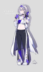 Rule 34 | 1girl, absurdres, black pants, blue hairband, blue nails, breasts, cleavage, copyright request, crop top, cup, disposable cup, drinking straw, drop shadow, english text, full body, grey background, grey eyes, grey hair, hairband, hands up, highres, holding, holding cup, jacket, jewelry, jiujiuyatou (yayanzz), long hair, long sleeves, looking to the side, midriff, nail polish, navel, open clothes, open jacket, pants, purple footwear, ring, shoes, signature, simple background, small breasts, solo, standing, watch, white footwear, white jacket, wristwatch