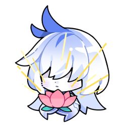 Rule 34 | 1girl, chibi, closed mouth, expressionless, flora (honkai impact), flower, hair over eyes, holding, holding flower, honkai (series), honkai impact 3rd, long hair, long sleeves, official art, pink flower, solo, transparent
