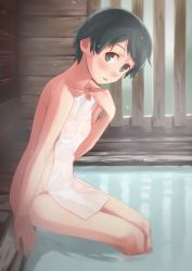 Rule 34 | 1girl, bad id, bad pixiv id, bathhouse, black eyes, black hair, blush, breasts, from side, holding, holding towel, indoors, kantai collection, leaning forward, legs together, looking at viewer, makio (makiomeigenbot), mogami (kancolle), naked towel, onsen, short hair, sitting, small breasts, soaking feet, solo, towel, water