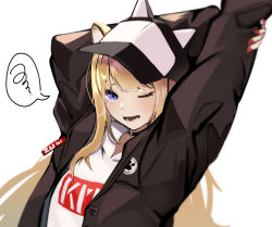 Rule 34 | 1girl, ;o, animal ears, arms behind head, blonde hair, blue eyes, hat, jacket, kasoku souchi, kmnz, long hair, looking at viewer, mc lita, nail polish, one eye closed, red nails, simple background, solo, virtual youtuber, white background