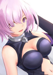 Rule 34 | 1girl, bigeyes925, black leotard, bob cut, breasts, cleavage, cleavage cutout, clothing cutout, elbow gloves, fate/grand order, fate (series), gloves, hair between eyes, hand on own head, highres, leotard, light purple hair, mash kyrielight, midriff, navel, navel cutout, purple eyes, short hair, simple background, smile, solo, stomach, tagme, white background