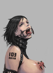 Rule 34 | 1girl, bad id, bad pixiv id, barcode, barcode tattoo, bdsm, black hair, bondage, bound, breasts, collar, dental gag, female focus, gag, gagged, grey background, harness, large breasts, neck corset, nipple piercing, nipples, open mouth, piercing, posture collar, short hair, simple background, slave, solo, tattoo, tongue, tongue out, tongue piercing, xxoom
