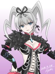Rule 34 | absurdres, breasts, capelet, cleavage, dated, earrings, facial mark, goth fashion, gradient background, grey hair, head tilt, highres, hisin, jewelry, large breasts, looking at viewer, navel, nintendo, pale skin, purple background, signature, solo, vale (xenoblade), white background, xenoblade chronicles (series), xenoblade chronicles 2