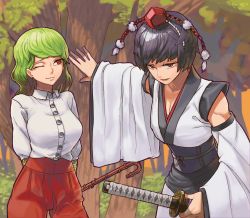 Rule 34 | 2girls, :3, absurdres, bad id, bad pixiv id, ballpoint pen (medium), blunt bangs, breasts, bush, cane, cleavage, collared shirt, commentary request, cowboy shot, curly hair, detached sleeves, forest, green hair, hat, high-waist pants, highres, holding, holding sheath, kazami yuuka, kazami yuuka (pc-98), kourindou tengu costume, large breasts, long hair, long sleeves, looking afar, looking at another, multiple girls, muscular, nature, obi, official alternate costume, one eye closed, open mouth, orange sky, outdoors, outline, outstretched arm, pants, plant, protecting, red headwear, red pants, sarashi, sash, scabbard, shameimaru aya, sheath, sheathed, shirt, short hair, skinnytorch, sky, smile, straight hair, swept bangs, talking, tassel, thigh gap, tokin hat, toned, touhou, touhou (pc-98), traditional media, tree, twilight, very long hair, vines, wavy hair, white shirt, wide sleeves