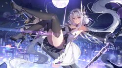 Rule 34 | 1girl, absurdres, bare shoulders, black gloves, black skirt, boots, breasts, character request, city, city lights, cleavage, commentary, copyright request, detached sleeves, dress, floating, full moon, gloves, high heels, highres, holding, holding weapon, large breasts, long hair, looking at viewer, moon, moonlight, night, night sky, outdoors, parted lips, purple eyes, sidelocks, skirt, sky, sleeves past wrists, solo, star (sky), starry sky, symbol-only commentary, thigh boots, thighs, very long hair, weapon, white dress, white hair, yolanda