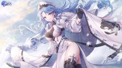 Rule 34 | 1girl, azur lane, black camisole, black gloves, blue eyes, blue hair, breasts, camisole, closed mouth, clothing cutout, coat, coat dress, commentary, copyright name, english commentary, floating hair, fur-trimmed coat, fur trim, gloves, hat, large breasts, lens flare, light smile, long hair, looking at viewer, mountain, northern parliament (emblem), outdoors, ozzingo, peaked cap, second-party source, side cutout, smile, snow, snowflakes, solo, sovetskaya belorussiya (azur lane), standing, sunlight, thighs, white coat, yostar