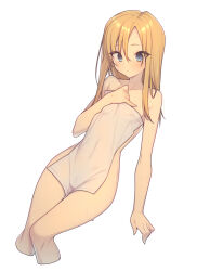 Rule 34 | 1girl, blonde hair, blue eyes, blush, breasts, commentary request, covered navel, covering privates, cropped legs, everyntrge, expressionless, long hair, looking down, naked towel, nude cover, original, simple background, small breasts, solo, thigh gap, towel, wet, white background, white towel