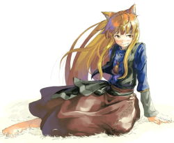 Rule 34 | 00s, 1girl, animal ears, barefoot, fang, holo, myu, red hair, solo, spice and wolf, tail, wolf ears