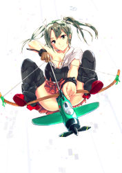 Rule 34 | 10s, 1girl, aiming, archery, blush, boots, bow (weapon), drawing bow, gloves, hair ribbon, holding, holding bow (weapon), holding weapon, infinote, japanese clothes, kantai collection, kyuudou, long hair, muneate, partially fingerless gloves, partly fingerless gloves, personification, ribbon, single glove, skirt, solo, spread legs, thigh boots, thighhighs, torn clothes, twintails, weapon, yugake, zuikaku (kancolle)