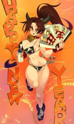 Rule 34 | 1girl, alex ahad, animal ears, animal print, bikini, boots, bottle, breasts, brown eyes, brown hair, cleavage, cow ears, cow horns, cow print, cow print bikini, cow tail, cowbell, fatal fury, hand fan, highres, horns, large breasts, leg up, long hair, looking at viewer, milk bottle, navel, neck bell, new year, one eye closed, orange background, paper fan, ponytail, print bikini, red lips, shiranui mai, side-tie bikini bottom, smile, solo, swimsuit, tail, tassel, the king of fighters, thigh gap, wink