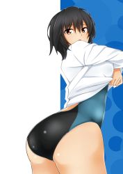 Rule 34 | 1girl, amagami, ass, black hair, brown eyes, competition swimsuit, kishida-shiki, nanasaki ai, one-piece swimsuit, short hair, simple background, solo, swimsuit, swimsuit under clothes