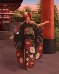 Rule 34 | 1girl, absurdres, alternate hairstyle, black kimono, flower, hair flower, hair ornament, hair over one eye, highres, japanese clothes, kimono, kirijou mitsuru, looking at viewer, multicolored clothes, persona, persona 3, pillar, red hair, solo, temple, tree, version5art
