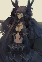 Rule 34 | 0bsessi0n, 1girl, bad id, bad pixiv id, bare shoulders, black dress, black hair, breasts, cleavage, detached sleeves, dress, fate/apocrypha, fate/grand order, fate (series), finger to face, fur trim, jewelry, large breasts, long dress, long hair, navel, necklace, pointy ears, semiramis (fate), solo, stomach, very long hair, yellow eyes