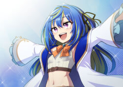 Rule 34 | 1girl, :d, belt, black ribbon, blue background, blue brooch, blue hair, blush, bow, bowtie, breasts, brown belt, chest belt, coat, commentary request, crop top, frilled sleeves, frills, green hair, hair between eyes, hair intakes, hair ribbon, heebee, long hair, long sleeves, looking afar, medium bangs, midriff, mole, mole on stomach, mole under eye, multicolored hair, nanashi inc., navel, open clothes, open coat, open mouth, orange bow, orange bowtie, outstretched arms, pink eyes, ribbon, shirt, small breasts, smile, solo, sparkle, spread arms, striped clothes, striped shirt, suzumi nemo, suzumi nemo (1st costume), teeth, two-tone hair, two side up, upper body, upper teeth only, vertical-striped clothes, vertical-striped shirt, virtual youtuber, white coat, white shirt