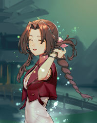Rule 34 | 1girl, absurdres, aerith gainsborough, bracelet, braid, breasts, brown hair, choker, cleavage, closed eyes, cropped jacket, daifunier, dress, final fantasy, final fantasy vii, final fantasy vii remake, gainsborough house, hair ribbon, hand in own hair, highres, jacket, jewelry, long hair, medium breasts, necklace, parted bangs, parted lips, pink dress, pink ribbon, red jacket, ribbon, short sleeves, sidelocks, smile, solo, square enix, upper body, wavy hair