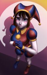 Rule 34 | 1girl, asymmetrical gloves, brown hair, colored skin, dokkaebee art, frown, gloves, hat, hat bell, highres, jester, jester cap, looking at viewer, multicolored clothes, multicolored hat, pale skin, pomni (the amazing digital circus), solo, the amazing digital circus, two-tone eyes, white skin