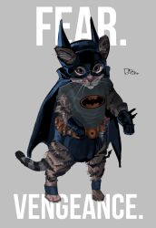 Rule 34 | absurdres, animal, batman (series), belt, cape, cat, cosplay, dc comics, gloves, green eyes, highres, looking at viewer, mask, rxzarx, signature, simple background, solo, standing, tail