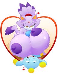 Rule 34 | 1boy, 1girl, blaze the cat, blush, breasts, chao (sonic), cheese (sonic), completely nude, furry, gigantic breasts, heart, large penis, nude, paizuri, penis, size difference, slickehedge, sonic (series)