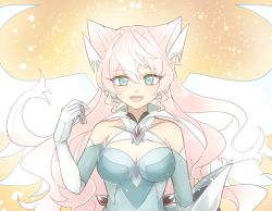 Rule 34 | 1girl, aqua eyes, bare shoulders, breasts, cleavage, elbow gloves, gloves, glowing, glowing hair, glowing wings, highres, long hair, looking at viewer, maria cadenzavna eve, medium breasts, open mouth, pink hair, senki zesshou symphogear, smile, solo, sparkle background, upper body, wings