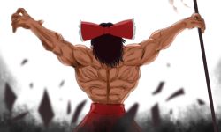 Rule 34 | 1boy, arms up, black hair, bow, chinese commentary, commentary request, cowboy shot, from behind, genderswap, genderswap (ftm), gohei, grappler baki, hair bow, hair tubes, hakurei reimu, holding, long hair, male focus, muscular, parody, red bow, red skirt, shide, topless male, skirt, solo, standing, touhou, white background, wuwusan