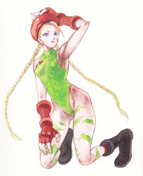 Rule 34 | 1990s (style), 1girl, adjusting clothes, adjusting headwear, bad id, bad pixiv id, beret, blonde hair, blue eyes, braid, breasts, cammy white, capcom, female focus, fingerless gloves, full body, gloves, hat, leotard, scar, solo, street fighter, street fighter ii (series), twin braids, white background