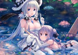 Rule 34 | 2girls, :d, ahoge, azur lane, bare shoulders, black bow, black ribbon, blue eyes, blush, bow, breasts, cleavage, commentary request, detached collar, dress, elbow gloves, flight deck, gloves, hair between eyes, hair bun, hair ribbon, halterneck, hat, illustrious (azur lane), index finger raised, large breasts, long hair, looking at viewer, lying, multiple girls, on stomach, one side up, open mouth, outdoors, pf, purple eyes, purple hair, ribbon, side bun, silver hair, single hair bun, single side bun, sitting, small breasts, smile, strapless, strapless dress, stuffed animal, stuffed pegasus, stuffed toy, stuffed unicorn, stuffed winged unicorn, thighhighs, unicorn (azur lane), very long hair, white dress, white gloves, white hat, white legwear