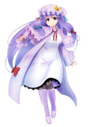 Rule 34 | 1girl, blue bow, boots, bow, breasts, capelet, crescent, crescent hair ornament, cross-laced footwear, female focus, frilled sleeves, frills, full body, hair ornament, hat, knee boots, lace-up boots, large breasts, long hair, mob cap, patchouli knowledge, purple eyes, purple hair, red bow, shiina excel, simple background, smile, solo, touhou, white footwear
