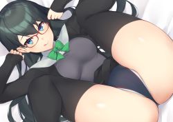 Rule 34 | 1girl, bad id, bad pixiv id, black hair, blue eyes, competition swimsuit, glasses, hair between eyes, licking lips, long hair, lying, on back, one-piece swimsuit, original, pinta (ayashii bochi), red-framed eyewear, spread legs, swimsuit, thighhighs, tongue, tongue out