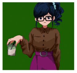 Rule 34 | 1girl, aikatsu!, aikatsu! (series), alternate costume, arm at side, bespectacled, black eyes, border, brown shirt, collared shirt, cowboy shot, cup, disposable cup, expressionless, glasses, green background, hair ornament, hair scrunchie, highres, holding, holding cup, kiriya aoi, long sleeves, looking at viewer, osouzai-kun, parted lips, pink skirt, scrunchie, shirt, shirt tucked in, short hair, side ponytail, simple background, skirt, solo, standing, straight-on, white border