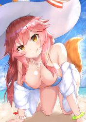 Rule 34 | 1girl, all fours, animal ears, bikini, blue bikini, blush, breasts, cleavage, collarbone, day, ears through headwear, fate/grand order, fate (series), fox ears, fox tail, hat, highres, large breasts, looking at viewer, ocean, outdoors, pink hair, reuri (tjux4555), side-tie bikini bottom, solo, sun hat, swimsuit, tail, tamamo (fate), tamamo no mae (fate/extra), tamamo no mae (swimsuit lancer) (fate), tamamo no mae (swimsuit lancer) (third ascension) (fate), tongue, yellow eyes