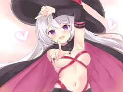 Rule 34 | 1girl, arm up, armpits, ayachi nene, bare shoulders, belt, belt bra, black cloak, black hat, black sleeves, blush, breasts, cloak, commentary request, curvy, detached sleeves, eyelashes, floating clothes, floating hair, grey hair, hair between eyes, happy, hat, head tilt, heart, index fingers raised, issatsu no arrow (meme), large breasts, long hair, looking at viewer, meme, midriff, miyako (mongcocoa), navel, pink background, pink belt, pink cloak, pointing, pointing at viewer, purple eyes, sanoba witch, simple background, skindentation, solo, stomach, two-sided cloak, two-sided fabric, upper body, very long hair, witch, witch hat