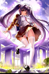 Rule 34 | 1girl, breasts, cameltoe, covered erect nipples, from below, highres, impossible clothes, impossible shirt, large breasts, legs, loafers, long hair, miyazakisoul, original, panties, pleated skirt, purple hair, red eyes, school uniform, shirt, shoes, skirt, smile, solo, thighhighs, twintails, underwear, white thighhighs