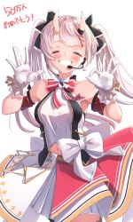 Rule 34 | 1girl, bare shoulders, blush, bow, bowtie, closed eyes, clothing cutout, commentary request, congratulations, cowboy shot, earpiece, gloves, grey hair, grin, highres, hololive, horns, long hair, looking at viewer, multicolored hair, nakiri ayame, namaonpa, navel, navel cutout, nonstop story, official alternate costume, red bow, red bowtie, red hair, simple background, smile, solo, streaked hair, twintails, virtual youtuber, white background, white bow, white gloves